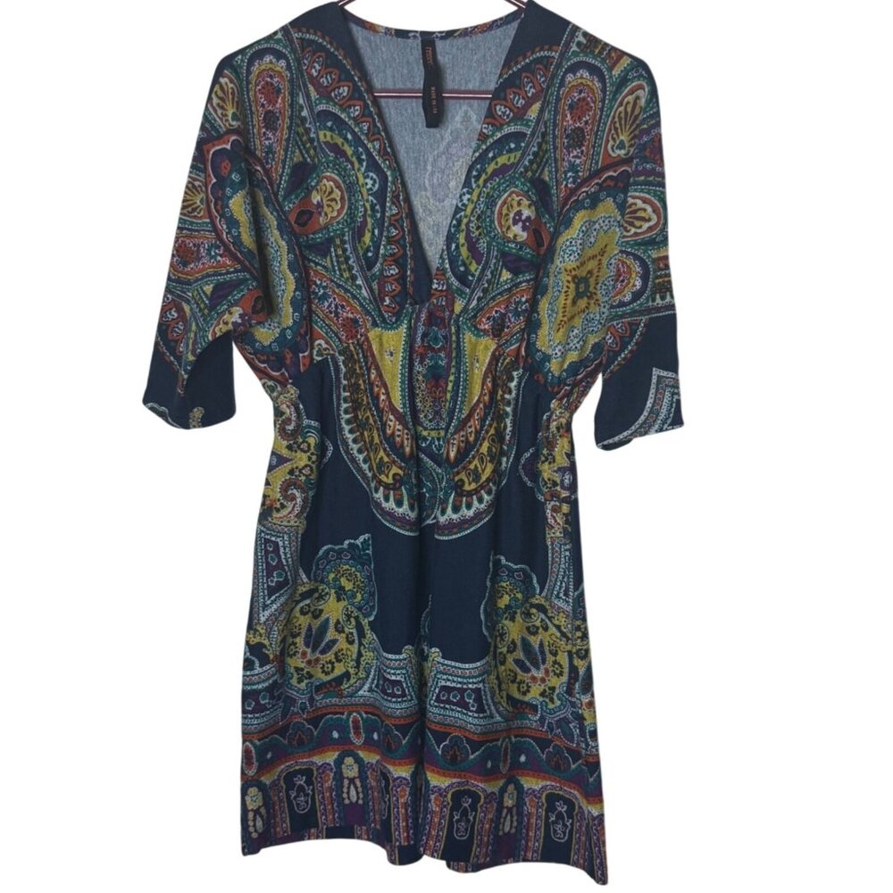 Renee C Boho Paisley Print Dress Navy Multicolor V-Neck Half Sleeve Made USA L
